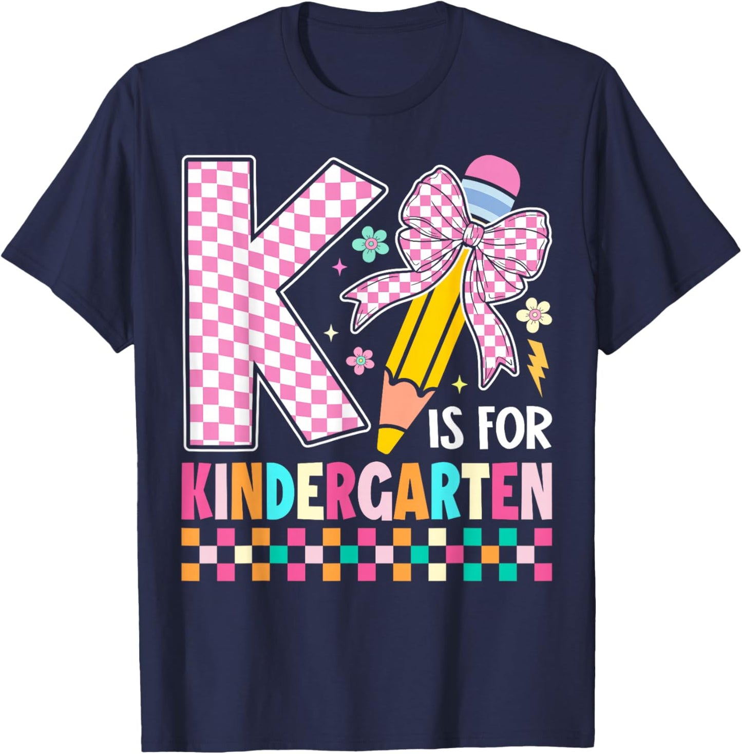 K is for Kindergarten Back to School Pencil Bow Retro T-Shirt - T-Shirt | Navy