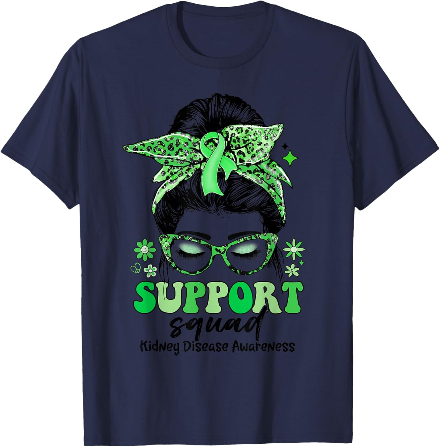 Groovy Support Squad Messy Bun Women Kidney Disease T-Shirt - T-Shirt | Navy