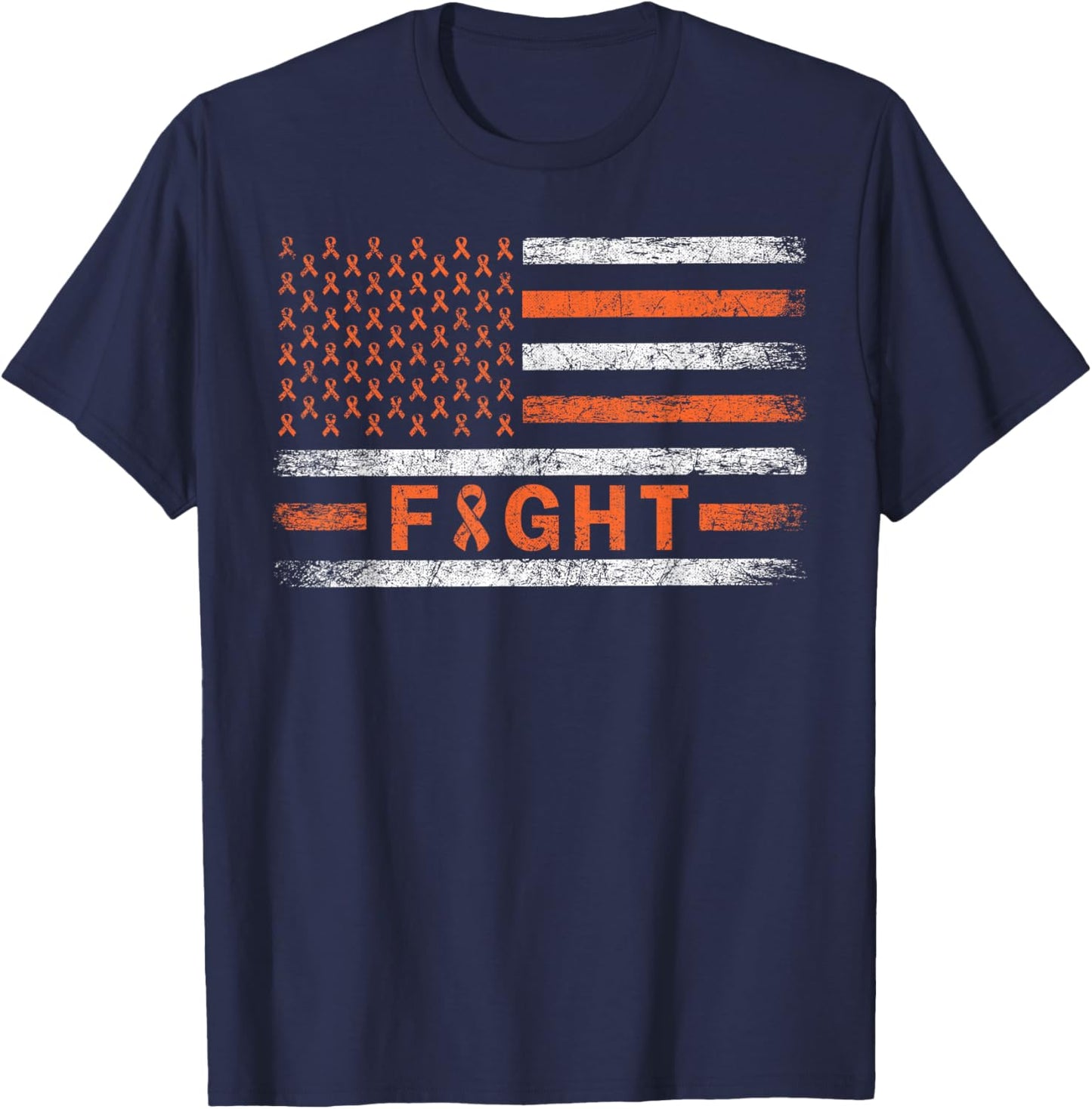 American Flag Orange Ribbon Fight Leukemia Awareness Women Men T-Shirt - T-Shirt | Navy