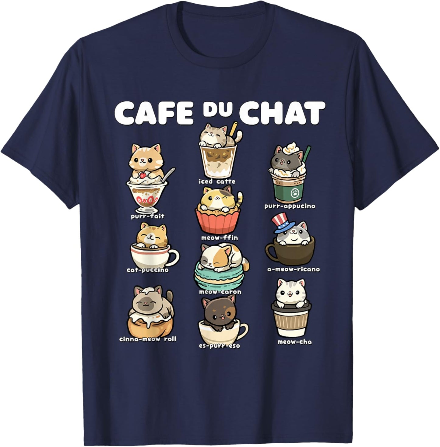 Cafe du Chat Cute Coffee Cats Kawaii Pun T-Shirt - T-Shirt | Navy