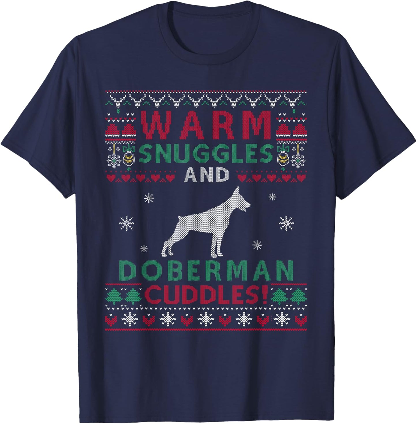 Doberman Christmas Dog Lover Gifts Christmas Doberman Dog Cuddles Pet Owners -Kids Ugly Christmas T-Shirt - T-Shirt | Navy