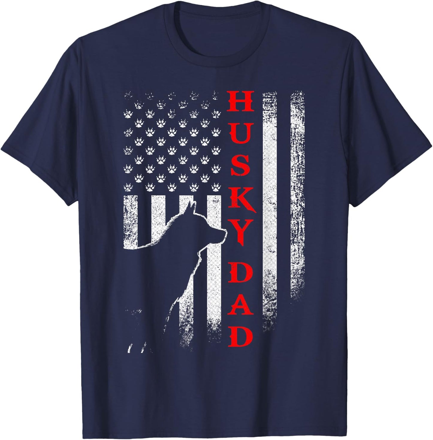 Vintage USA American Flag Siberian Husky Dog Dad Silhouette Women Men T-Shirt - T-Shirt | Navy