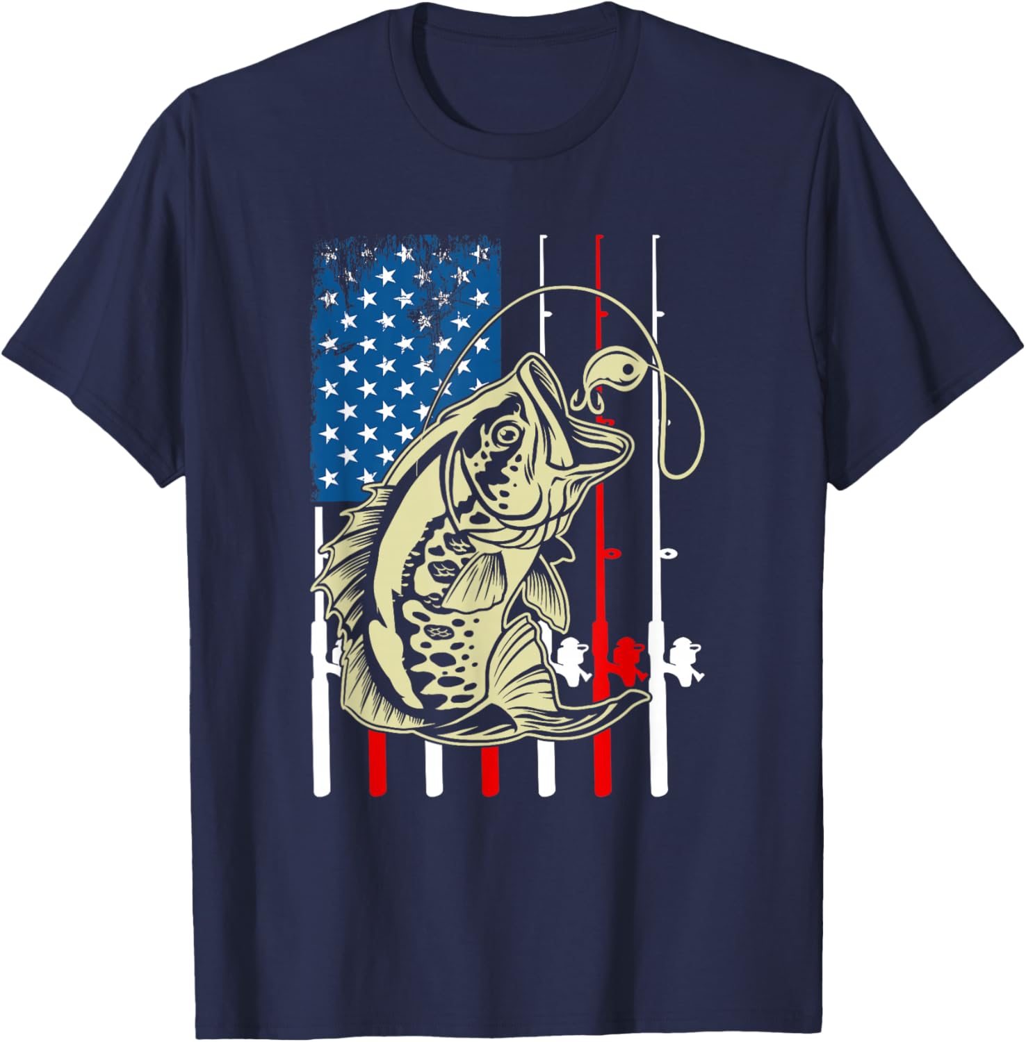 Fishing American Flag Vintage Fishing Lover Bass Fisherman T-Shirt - T-Shirt | Navy