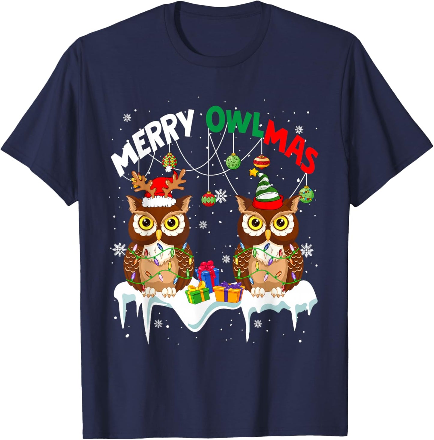 Merry Owlmas Two Santa Elf Owls Bird Lover Family Kids T-Shirt - T-Shirt | Navy