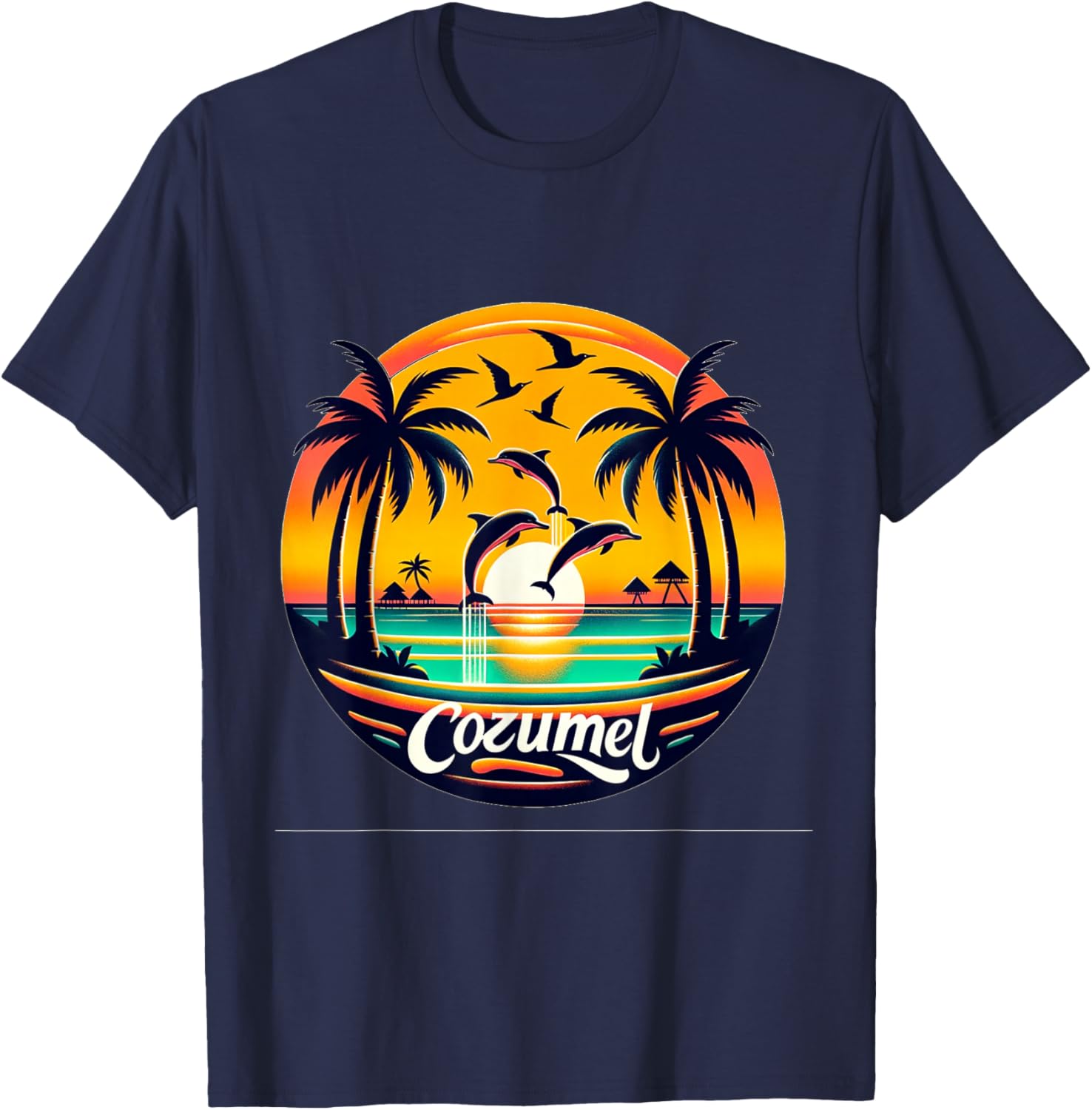 Cozumel Mexico with Dolphins and Sunset T-Shirt - T-Shirt | Navy