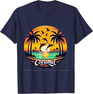Cozumel Mexico with Dolphins and Sunset T-Shirt - T-Shirt | Navy