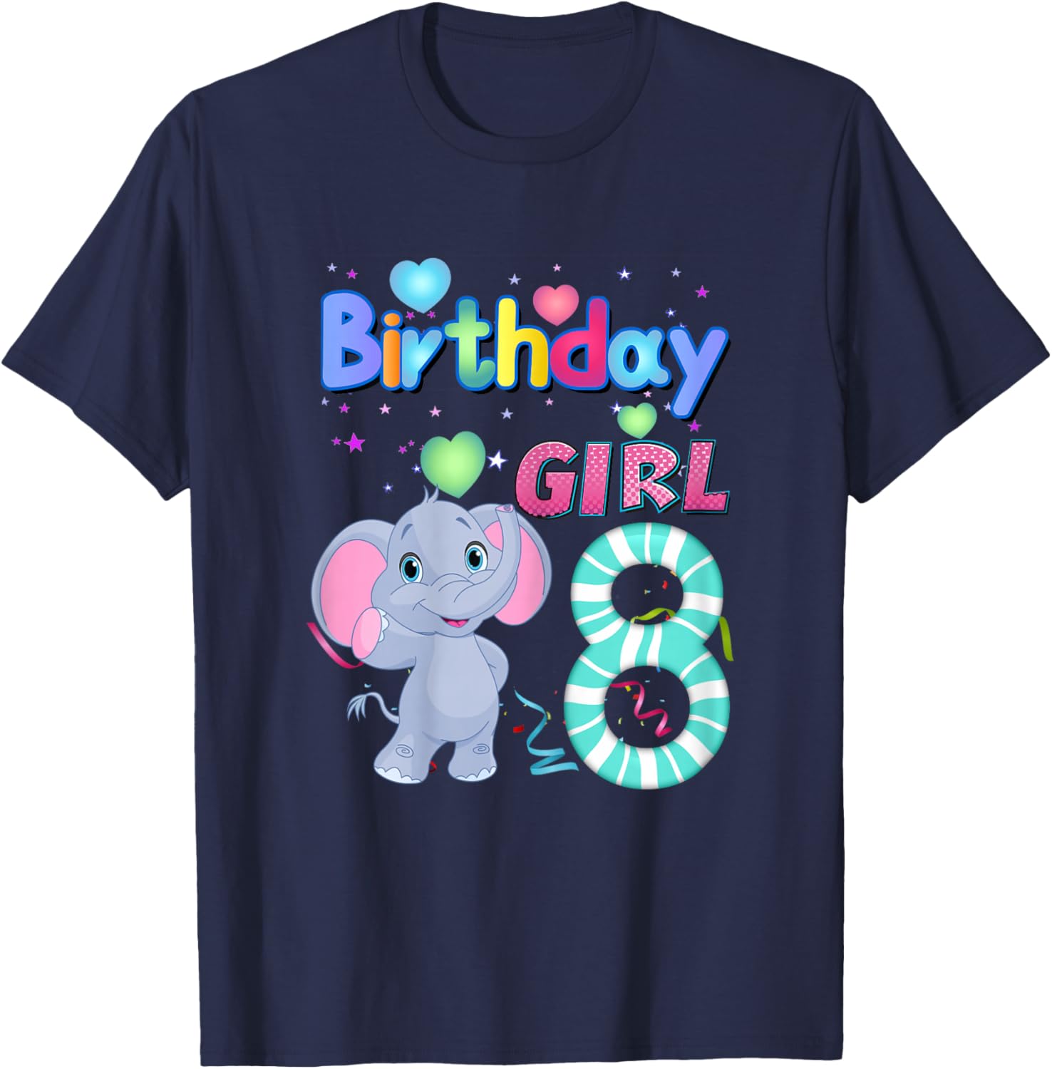 Elephant Birthday For Girl 8th Elephant Birthday 8 Year Old) T-Shirt - T-Shirt | Navy