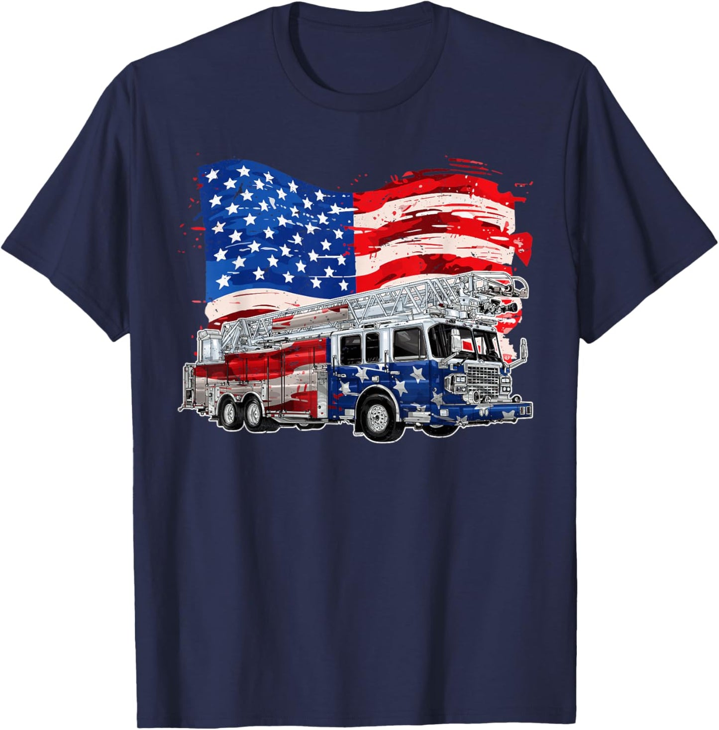 Retro Fire Truck Firefighter Fireman USA Flag 4th of July T-Shirt - T-Shirt | Navy