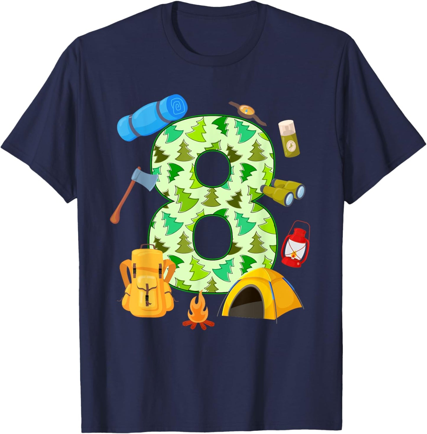8th Birthday Camping Theme 8 Year Old Birthday Kids T-Shirt - T-Shirt | Navy