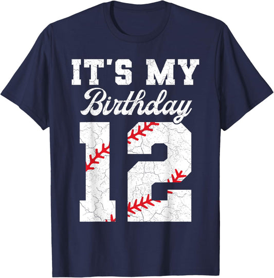 Birthday Boy 12 Baseball Its My 12th Birthday Boys Girls T-Shirt - T-Shirt | Navy