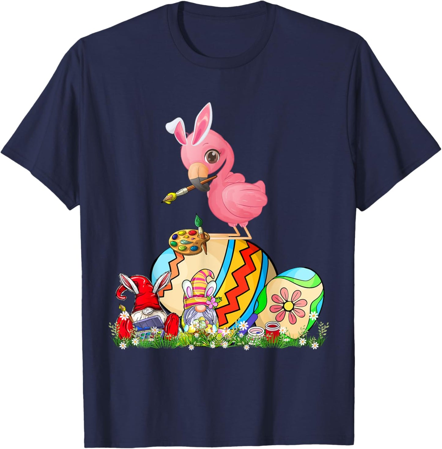 Easter Bunny Flamingo With Gnomes Painting Chocolate Eggs T-Shirt - T-Shirt | Navy