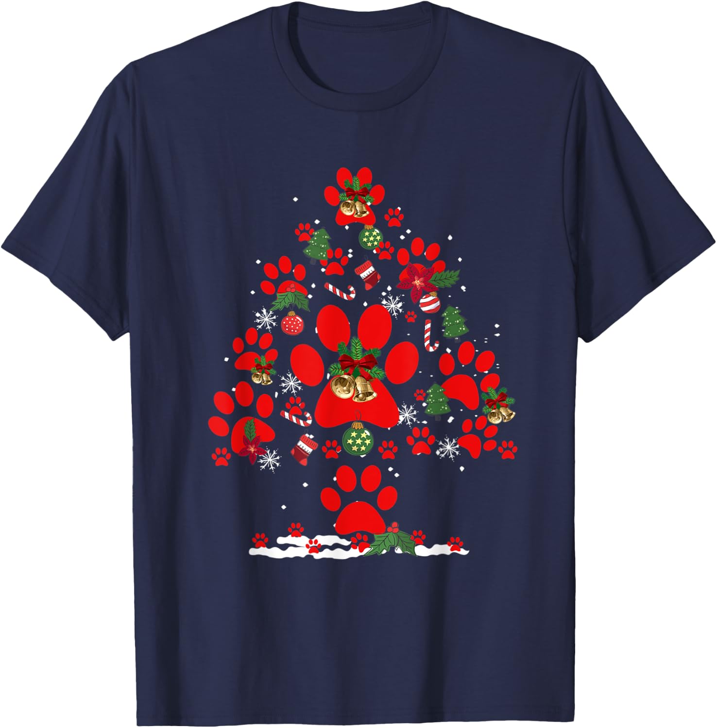 Paws Print Christmas Tree Dog Cat Women Kids T-Shirt - T-Shirt | Navy