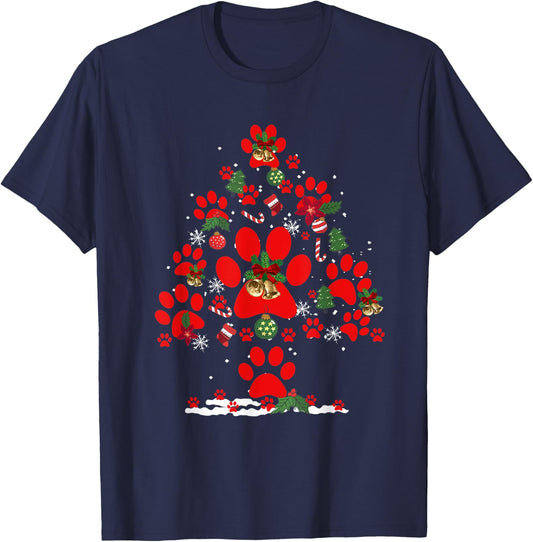Paws Print Christmas Tree Dog Cat Women Kids T-Shirt - T-Shirt | Navy