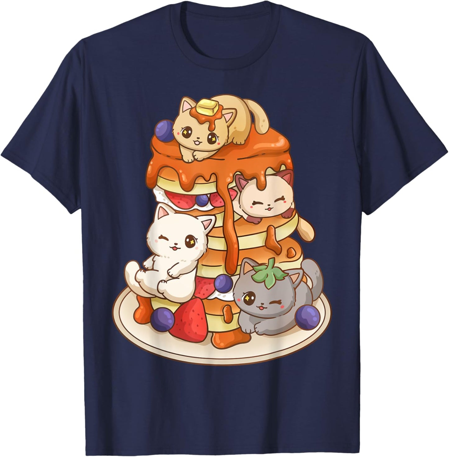 Cat Pancake Stack Kawaii Anime Cat Funny T-Shirt - T-Shirt | Navy