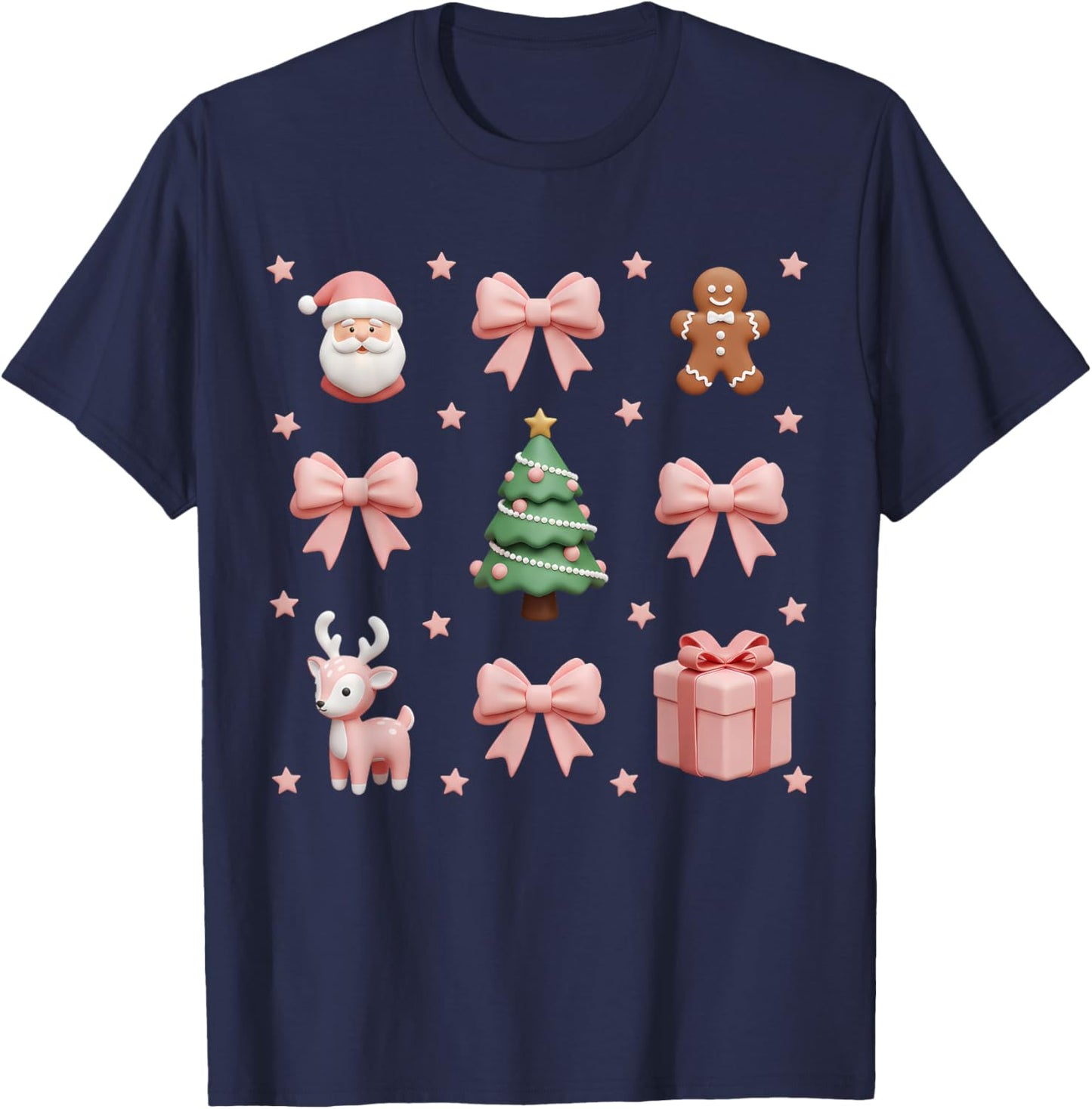 Coquette Bow Christmas Tree Santa Kawaii Women Girls Kids T-Shirt - T-Shirt | Navy