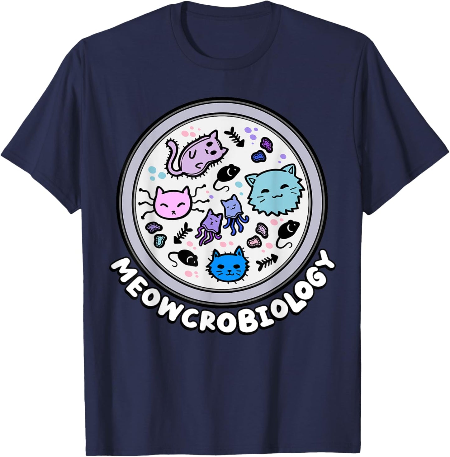 Meowcrobiology Microscopic Cats Science Pet School Biology T-Shirt - T-Shirt | Navy