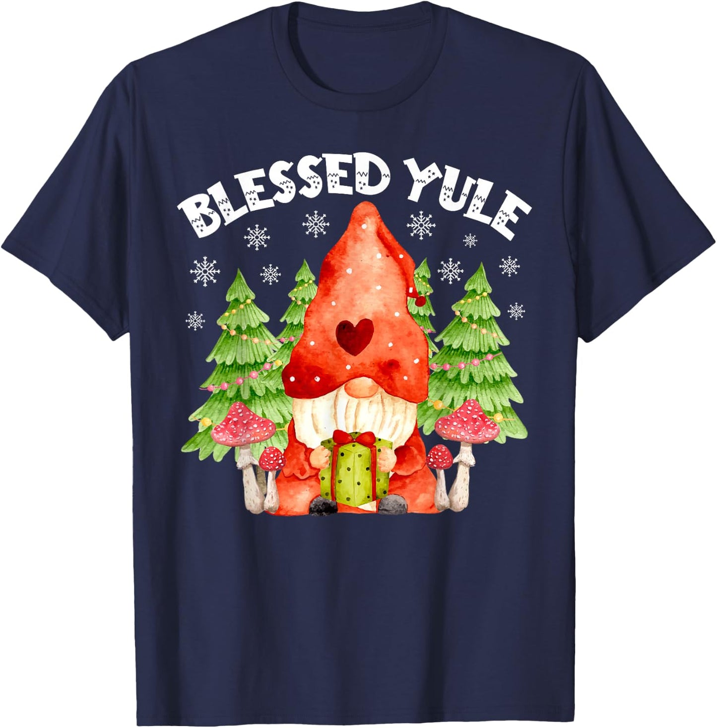 Blessed Yule Snowflakes and Gnome Cute Christmas Day Apparel T-Shirt - T-Shirt | Navy