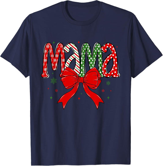 Christmas Mama Coquette Mama Claus Varsity Xmas Checkered T-Shirt - T-Shirt | Navy