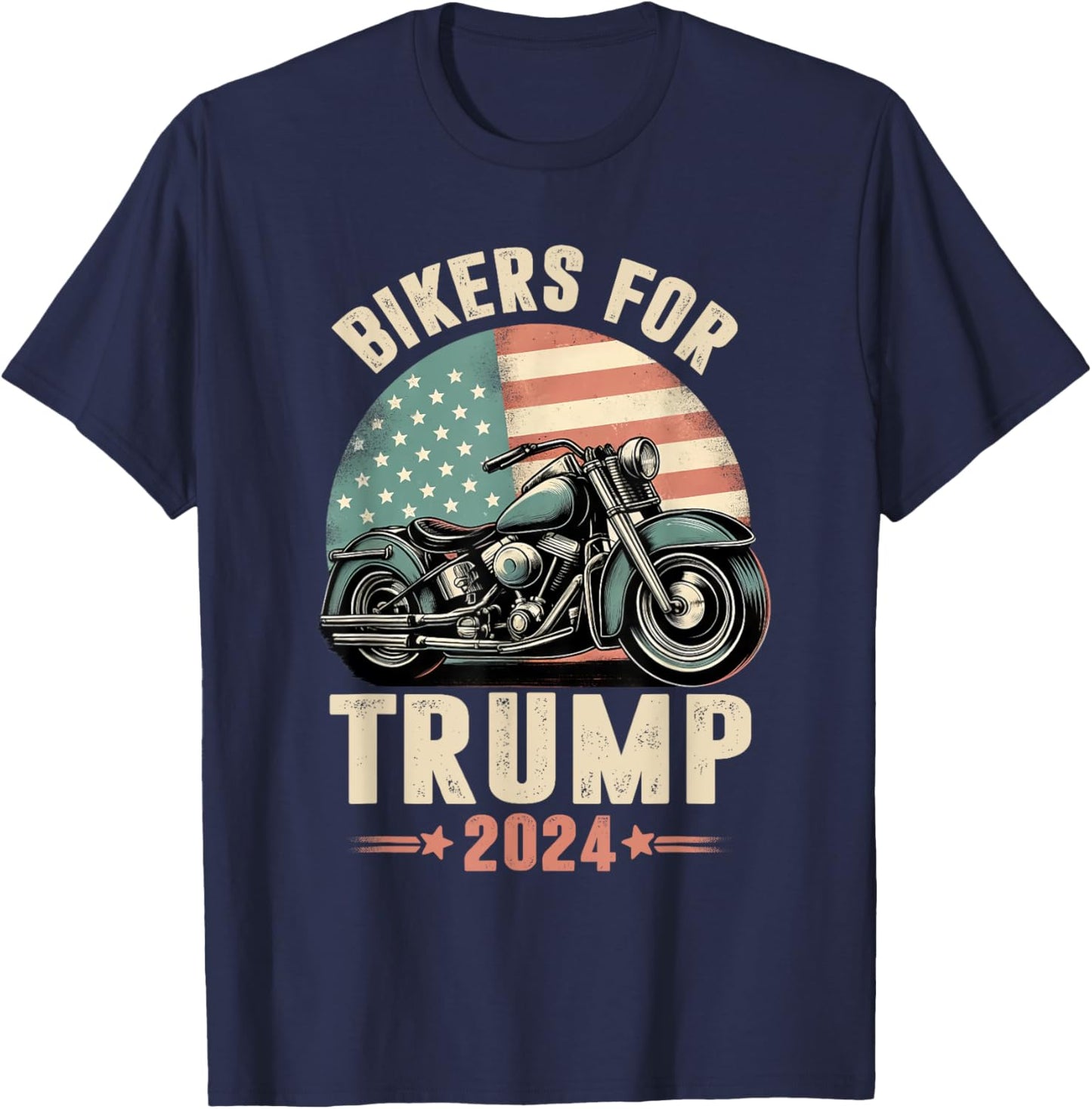 Bikers For Trump 2024 Motorcycle US American Flag Patriotic T-Shirt - T-Shirt | Navy