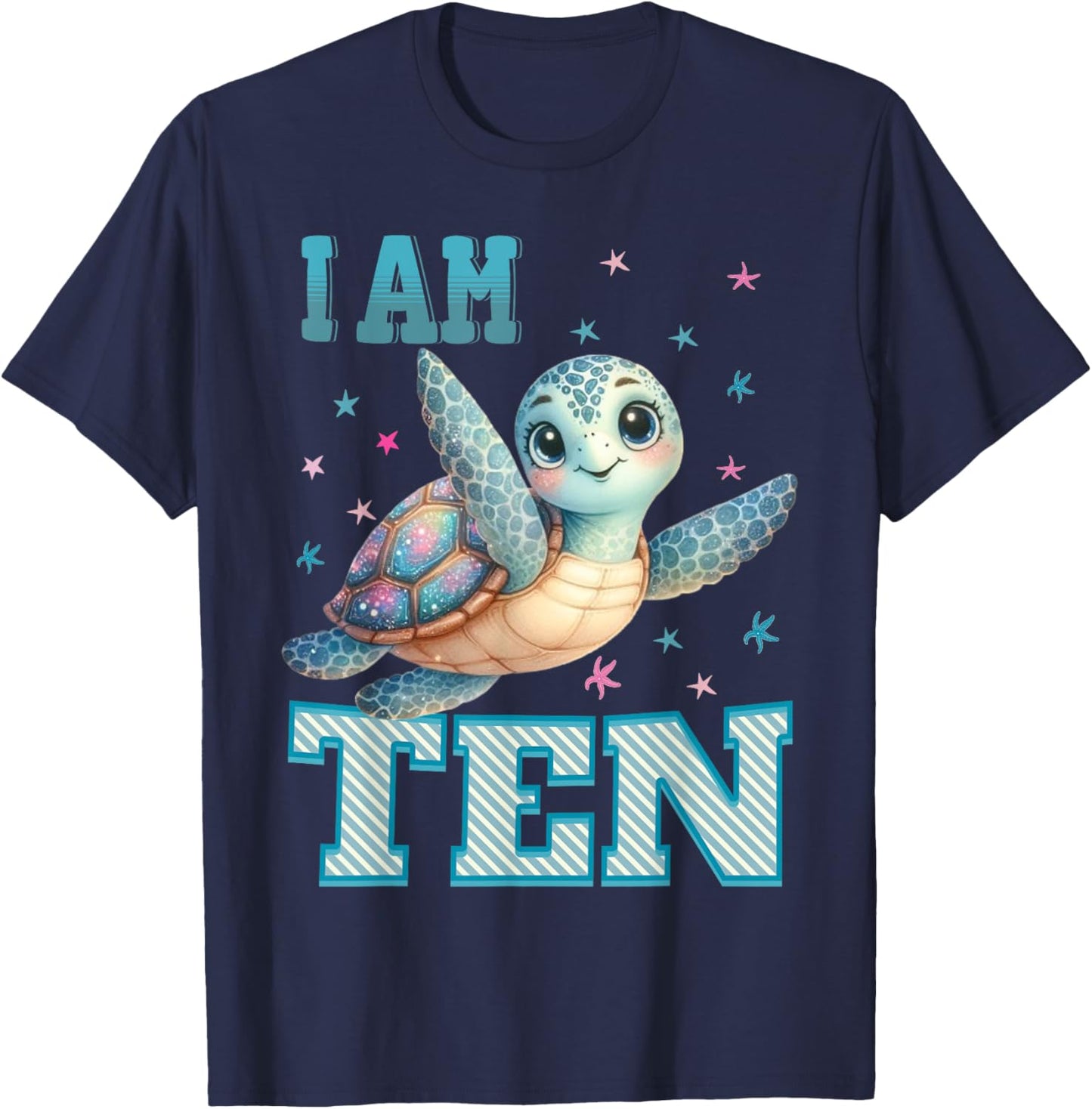 Kids 10 Year Old 10th Birthday Sea Turtles I am Ten Turtle T-Shirt - T-Shirt | Navy
