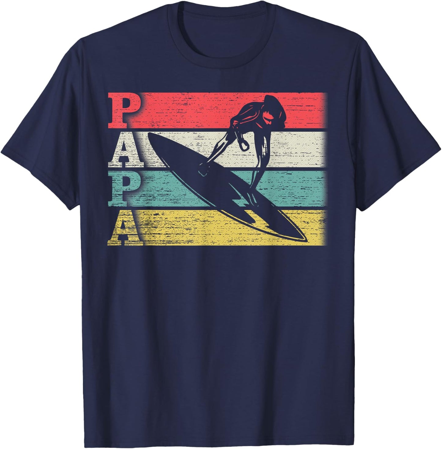 Vintage Retro Surfing Papa Surf Surfer Silhouette Distressed T-Shirt - T-Shirt | Navy
