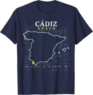 Vintage Retro Spain - Women's Adults Black Short Sleeve Classic Fit - Small - Spain Cadiz Map T-Shirt - T-Shirt | Navy