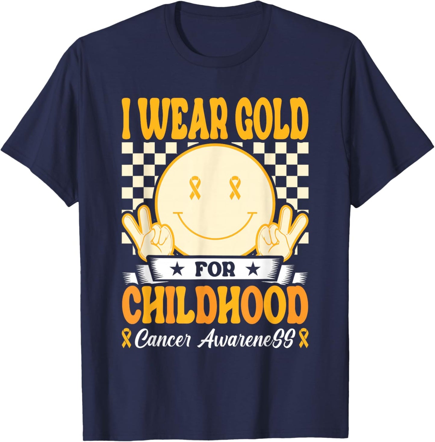I Wear Gold For Childhood Cancer Awareness Boy Kids Groovy T-Shirt - T-Shirt | Navy