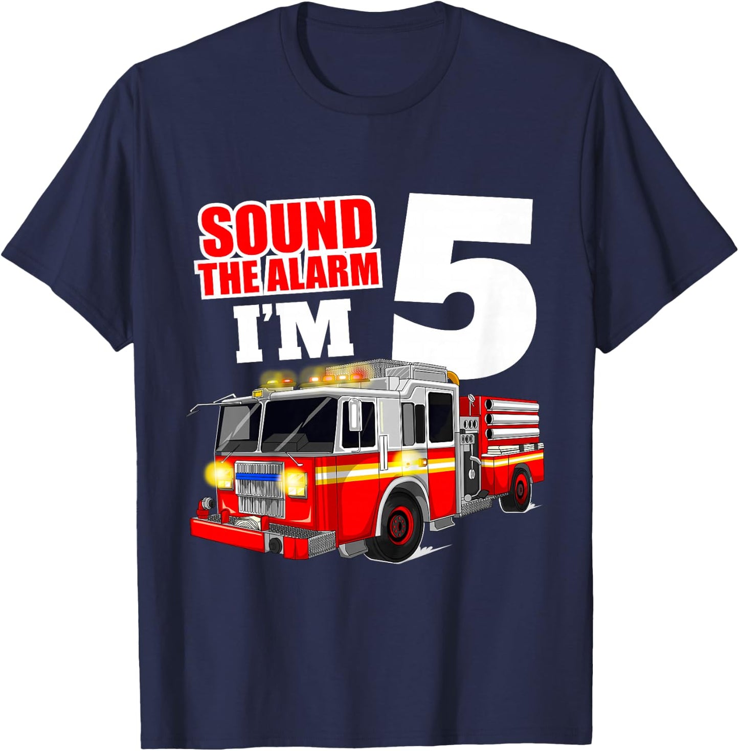 Kids Fire Truck 5th Birthday Boy Firefighter Five 5 Year Old T-Shirt - T-Shirt | Navy