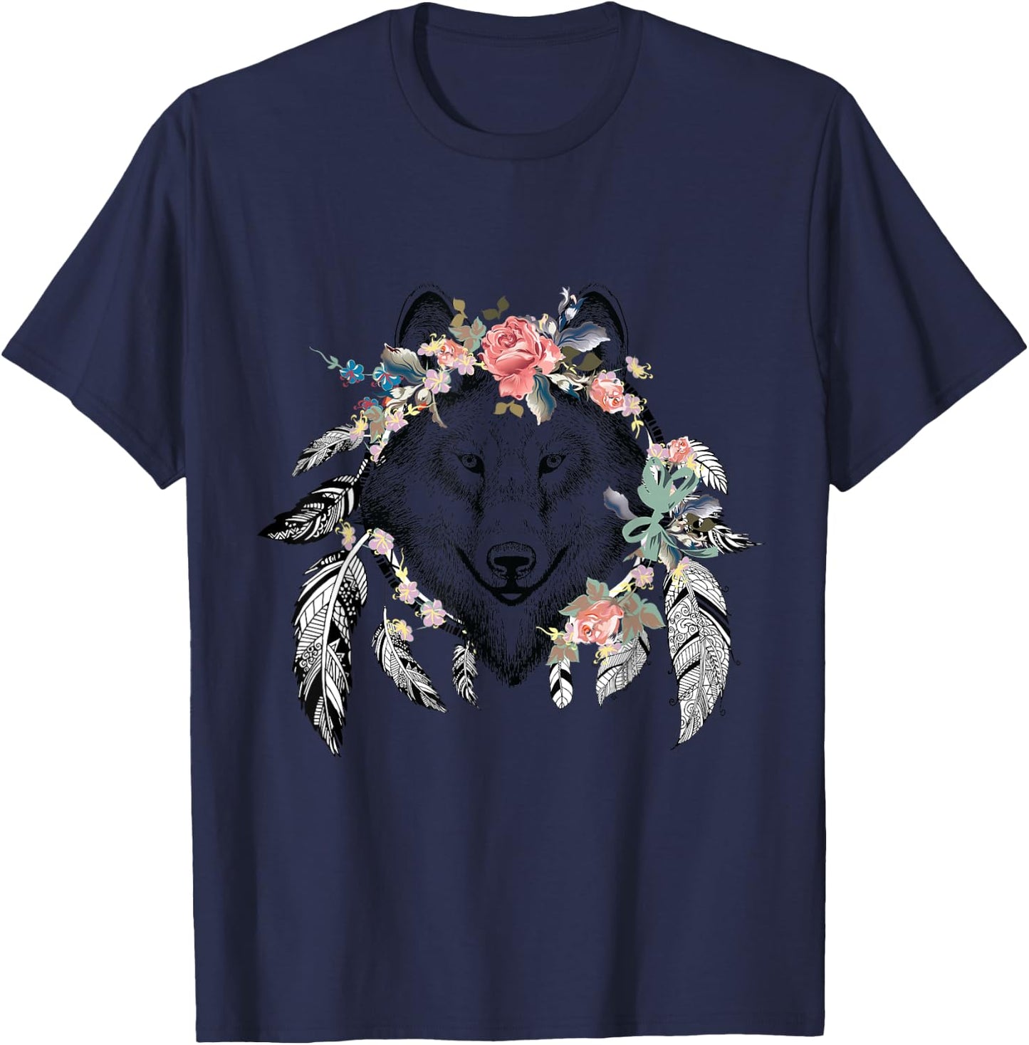 Ethnic Tribal Wolf Head Boho Feather Native American Hippie T-Shirt - T-Shirt | Navy