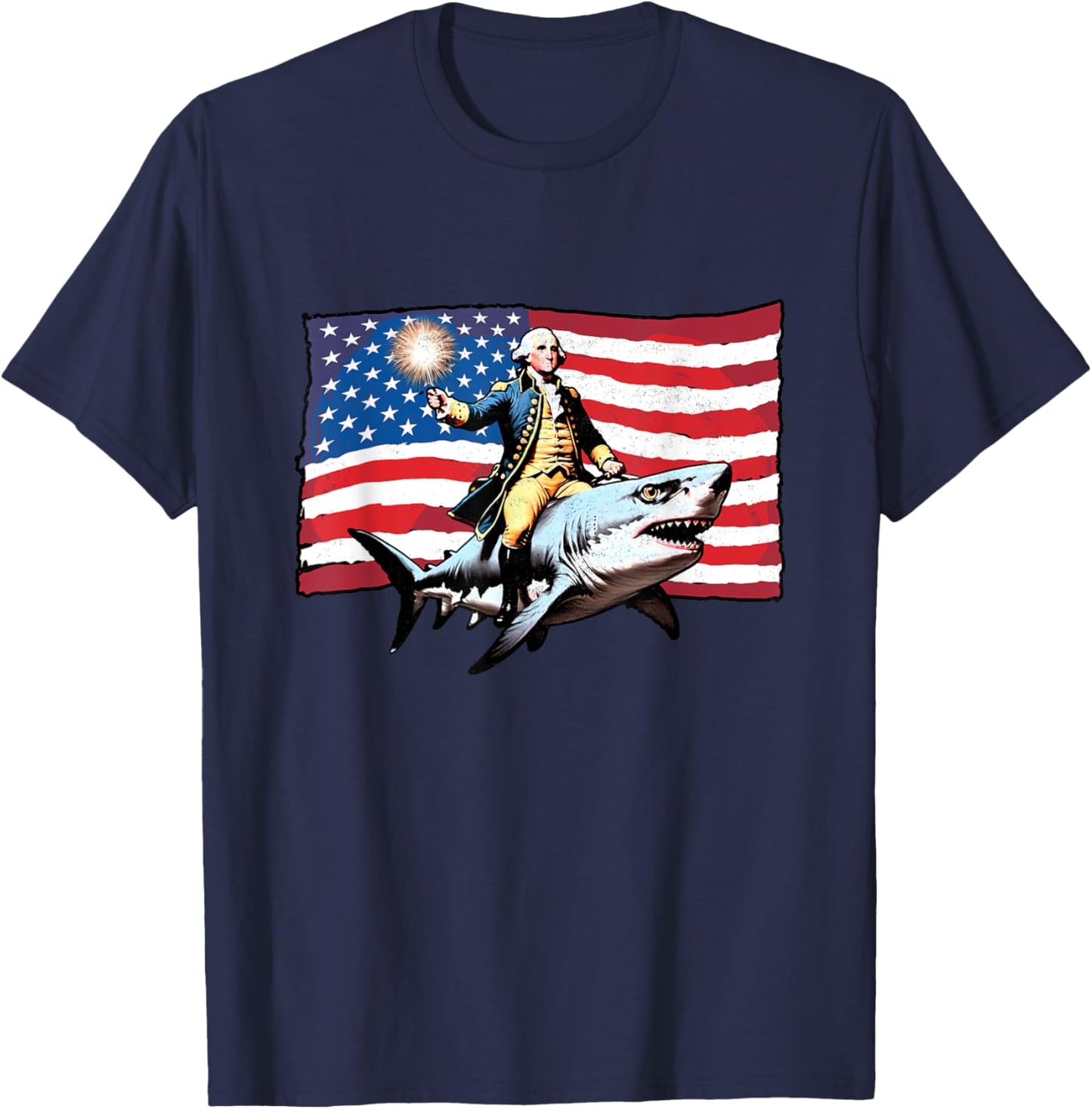 4th of July George Washington Riding Shark American Flag Men T-Shirt - T-Shirt | Navy