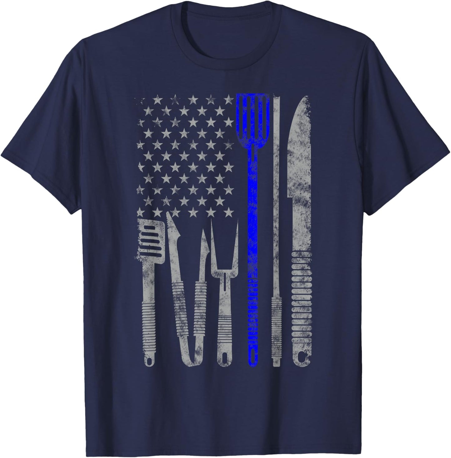 BBQ Grill Thin Blue Line american Flag Gift chef T-Shirt - T-Shirt | Navy