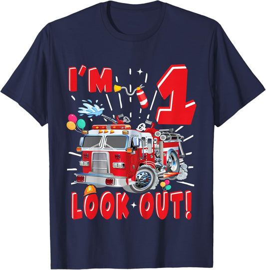 Kids One 1st Birthday Fire Truck Boy 1 Year Old Firefighter T-Shirt - T-Shirt | Navy