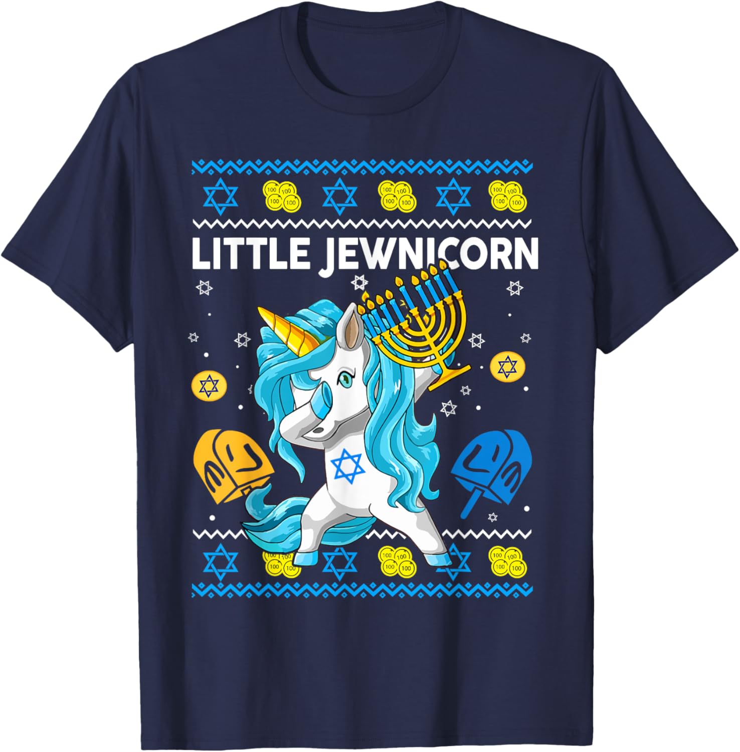 Ugly Hanukkah Sweater Little Jewnicorn Unicorn Toddler Girl T-Shirt - T-Shirt | Navy