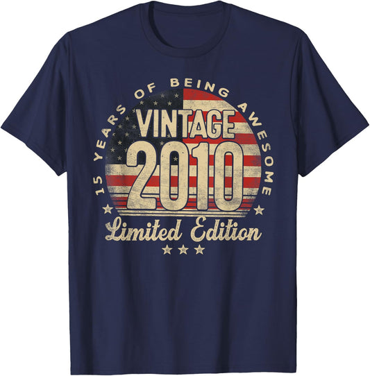 Vintage 2010 Limited Edition 15-Year-Old Gifts USA Flag T-Shirt - T-Shirt | Navy