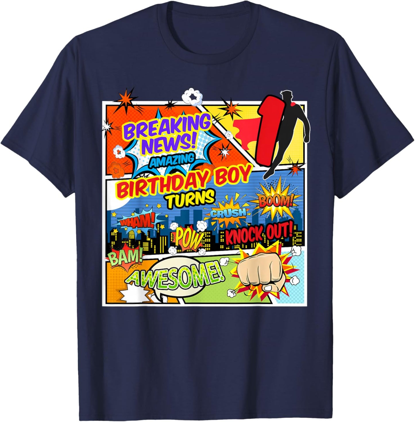 1st Birthday Boy Superhero Comic Book Theme 1 Years Old T-Shirt - T-Shirt | Navy