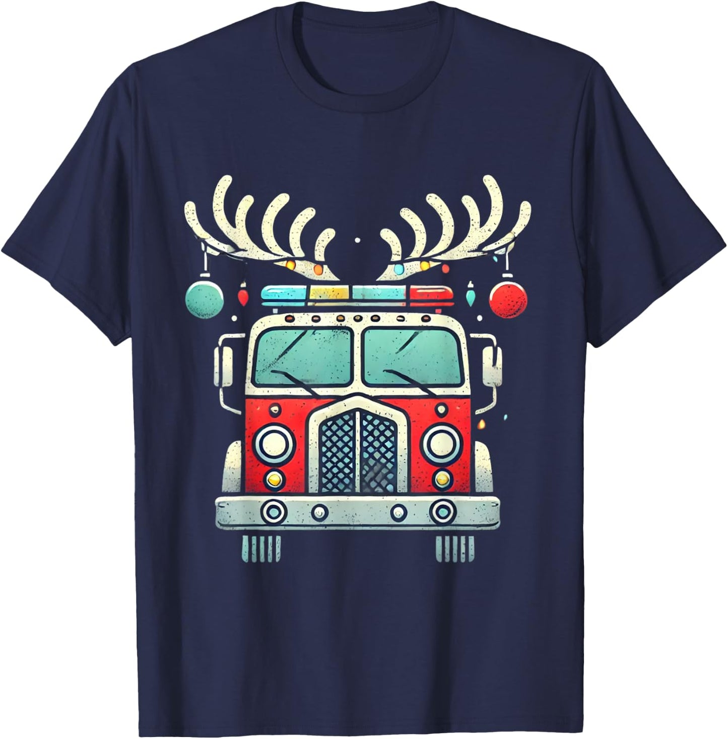 Funny Xmas Fire Truck Reindeer Christmas Firefighter T-Shirt - T-Shirt | Navy