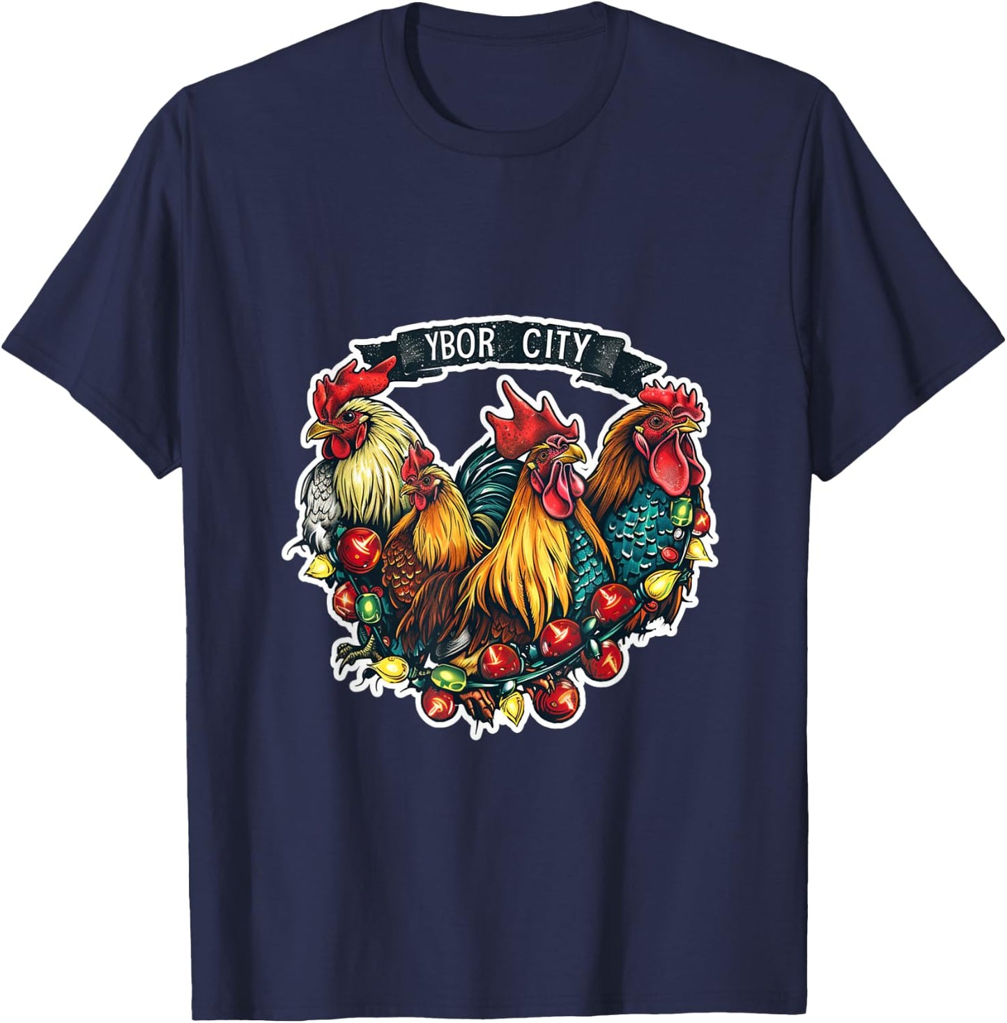 Ybor City Tampa Florida Chickens Roosters Christmas Lights T-Shirt - T-Shirt | Navy
