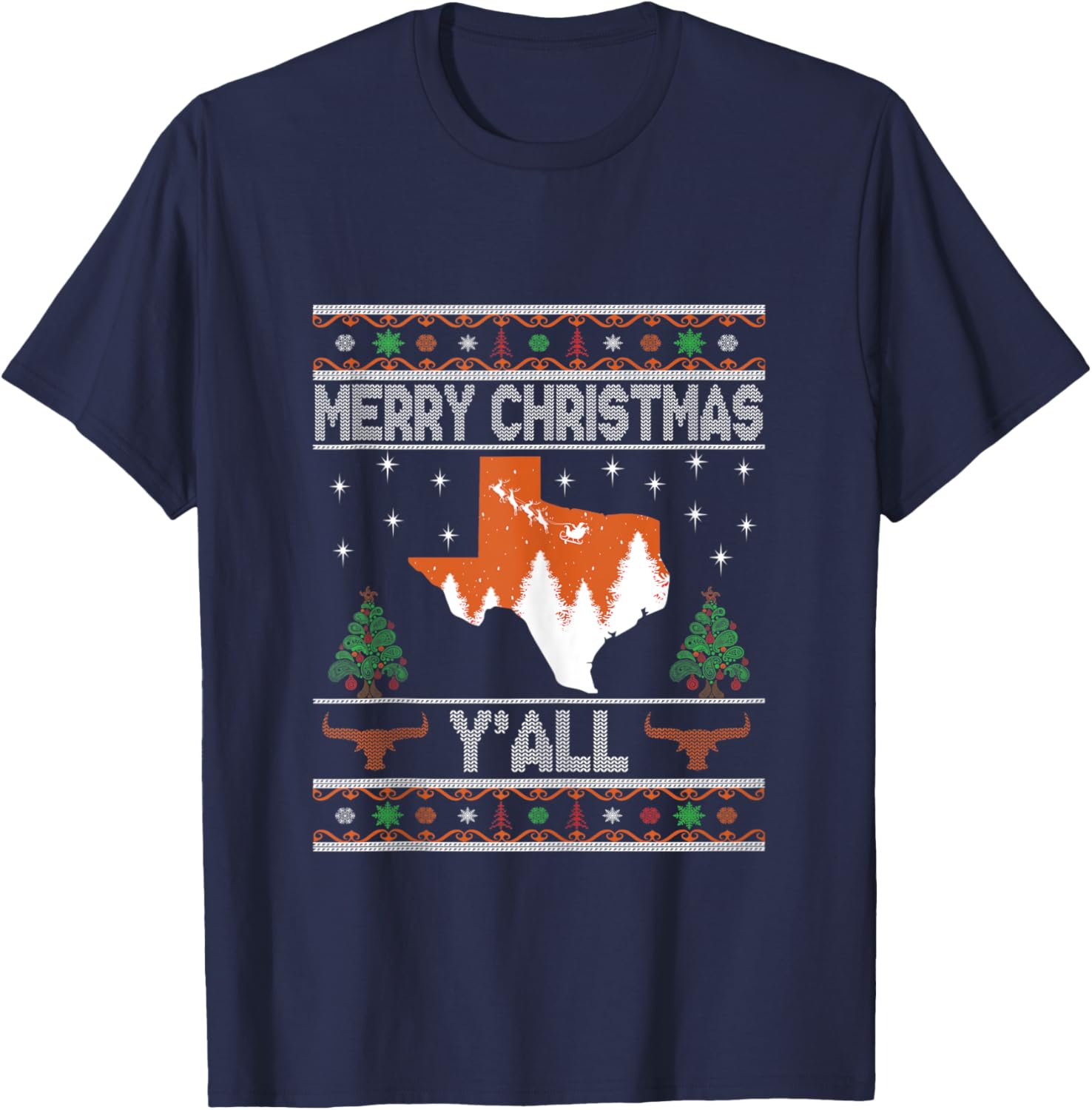 Merry Xmas Y'all Texas Ugly Matching Family Longhorn Sweater T-Shirt - T-Shirt | Navy