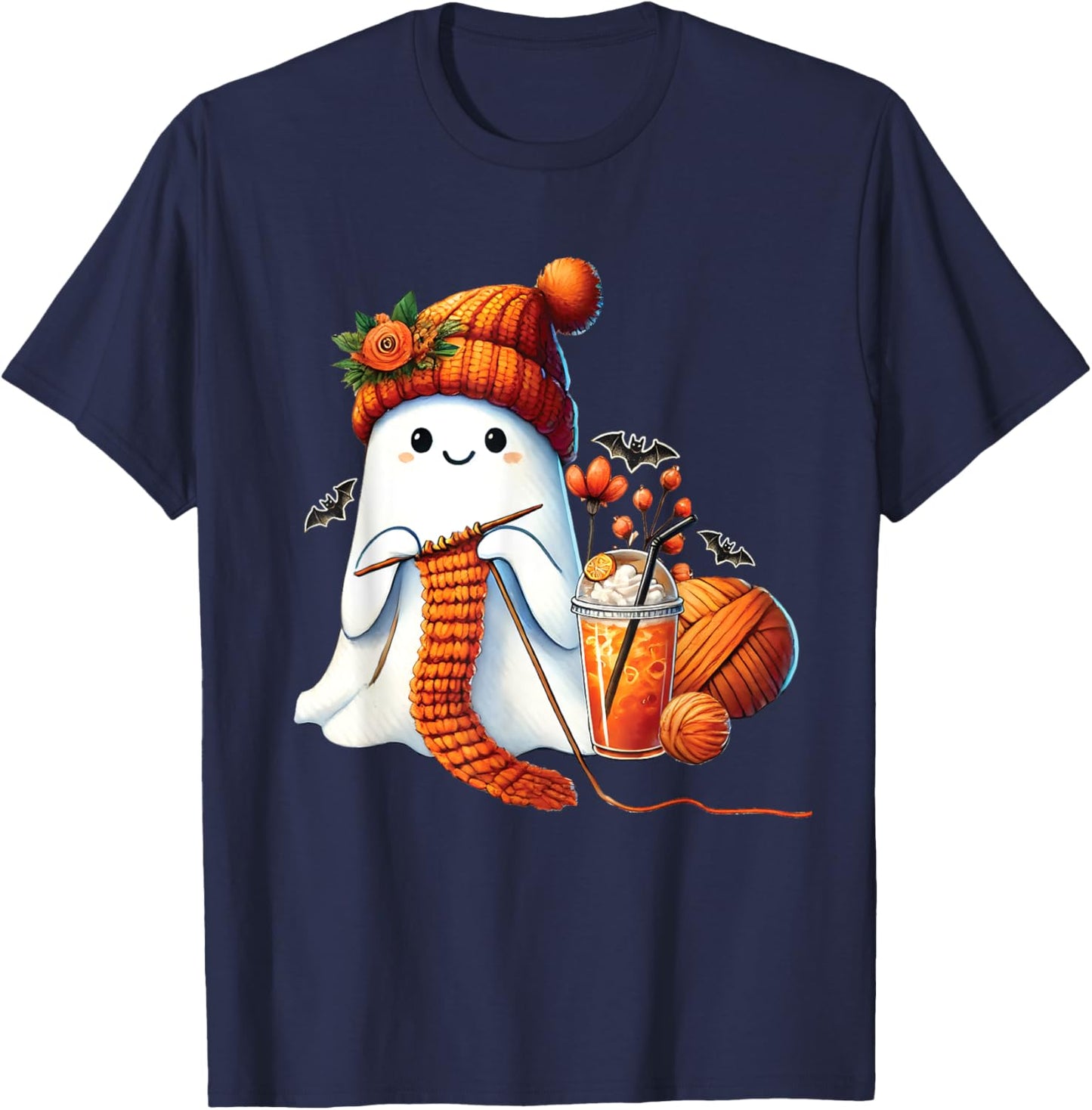 Cute Ghost crochet knitting Lovers Halloween Coffee Women T-Shirt - T-Shirt | Navy
