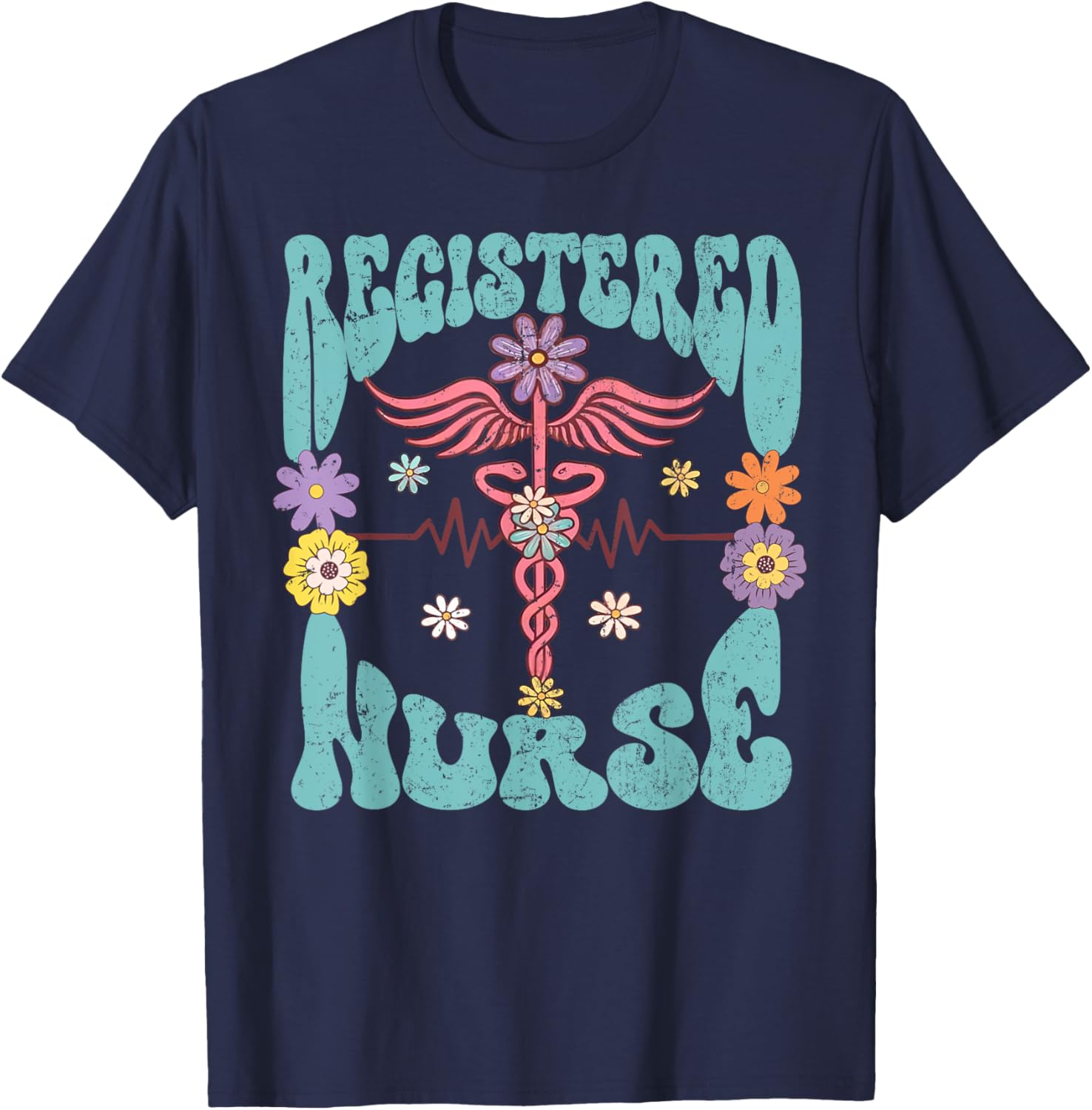 Registered Nurse Retro Groovy Floral RN Nursing Staff Gifts T-Shirt - T-Shirt | Navy