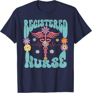 Registered Nurse Retro Groovy Floral RN Nursing Staff Gifts T-Shirt - T-Shirt | Navy