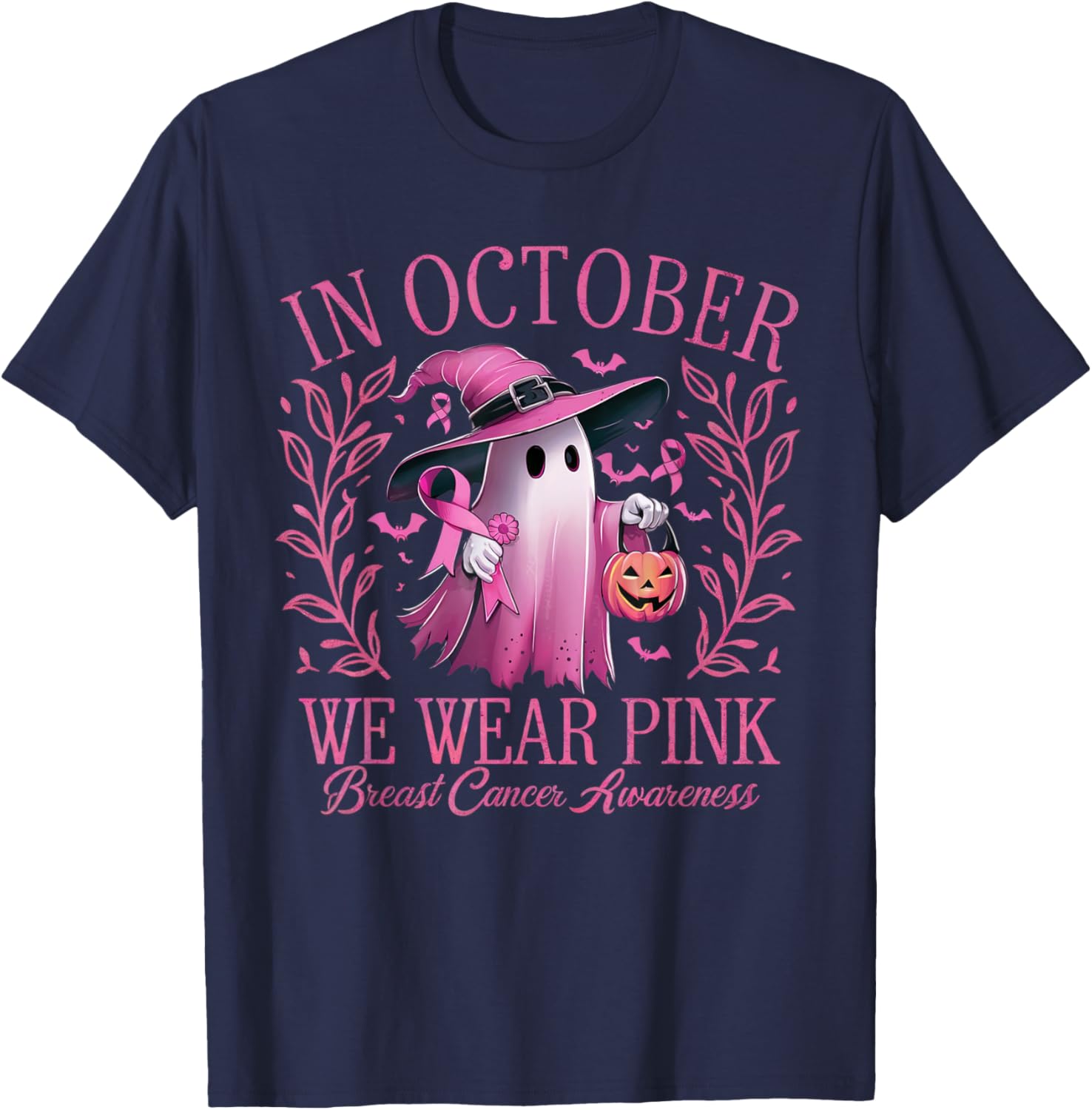 In October We Wear Pink Breast Cancer Awareness Halloween T-Shirt - T-Shirt | Navy