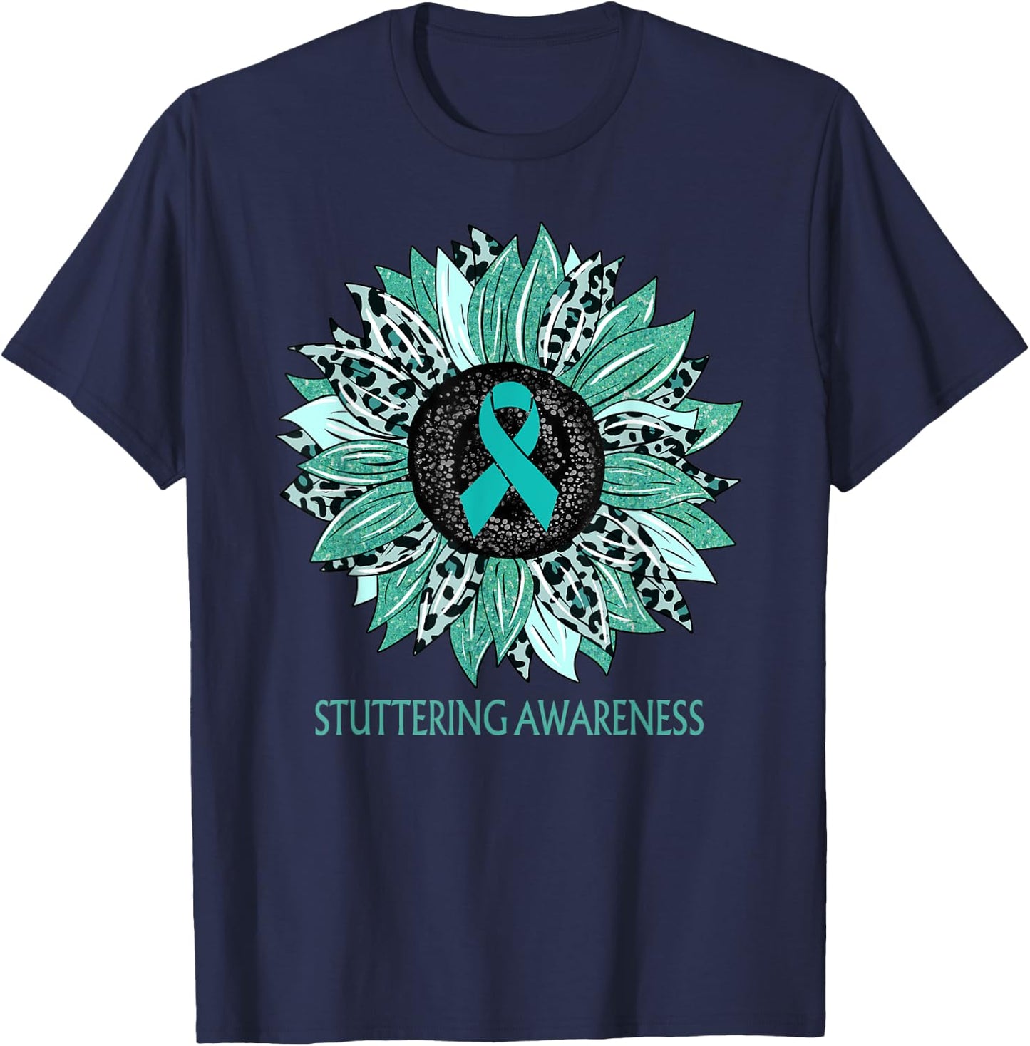 Leopard Sunflower Stuttering Awareness Teal Ribbon T-Shirt - T-Shirt | Navy