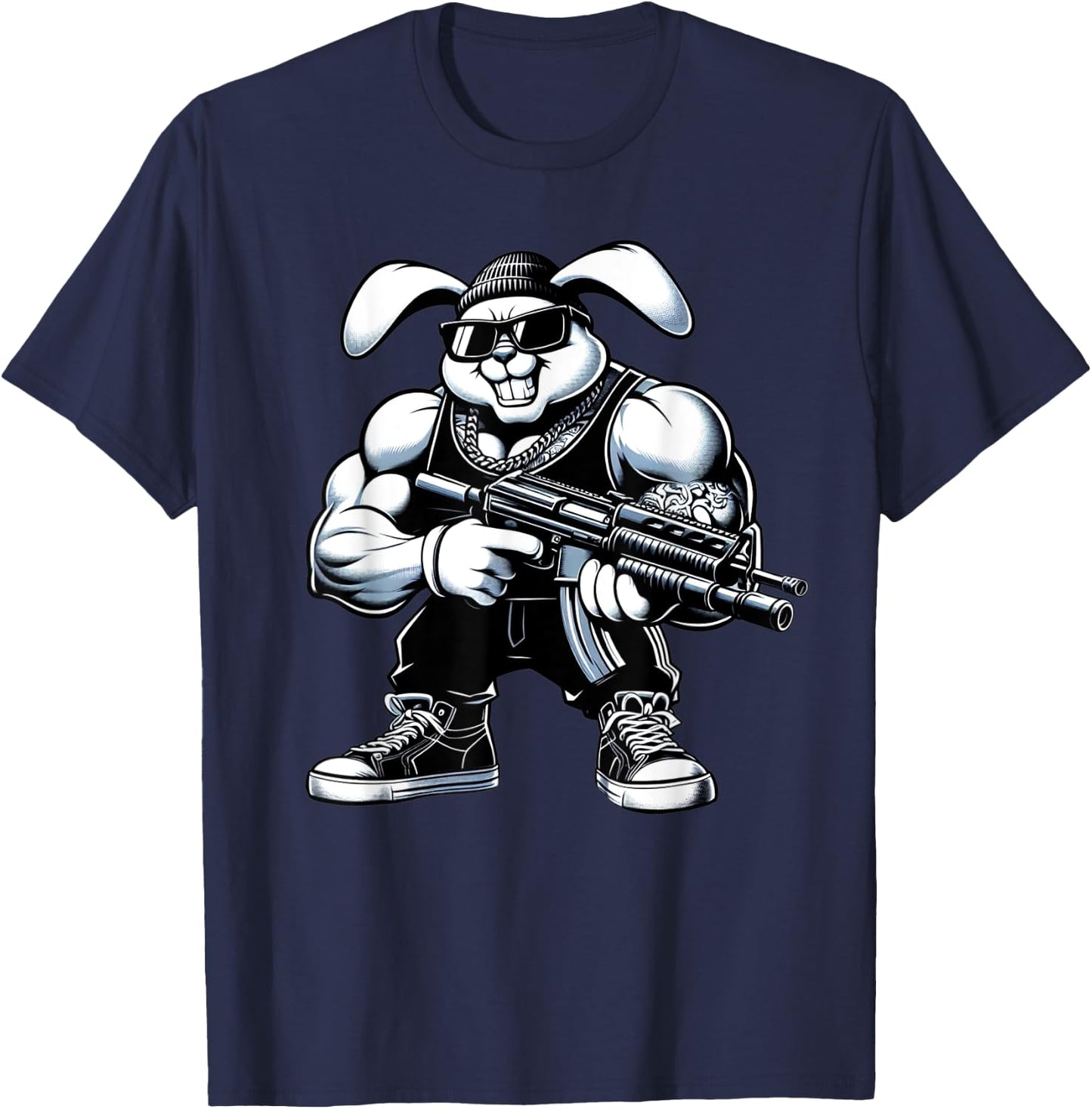 Thug Bunny Holding Gun Muscles Gangster Rabbit Lovers Art T-Shirt - T-Shirt | Navy