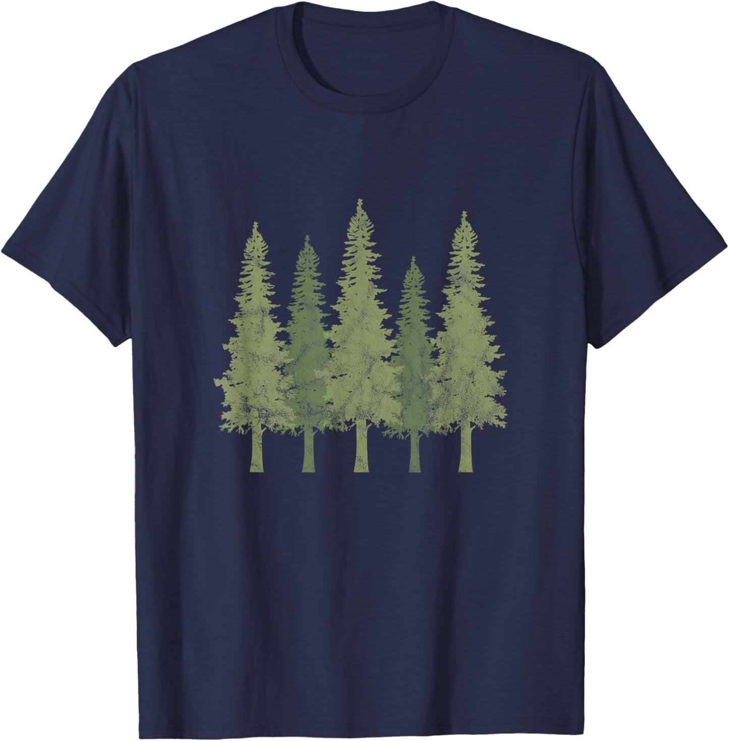 Forest Pine Trees Nature Outdoor Camping Hiking Distressed T-Shirt - T-Shirt | Navy
