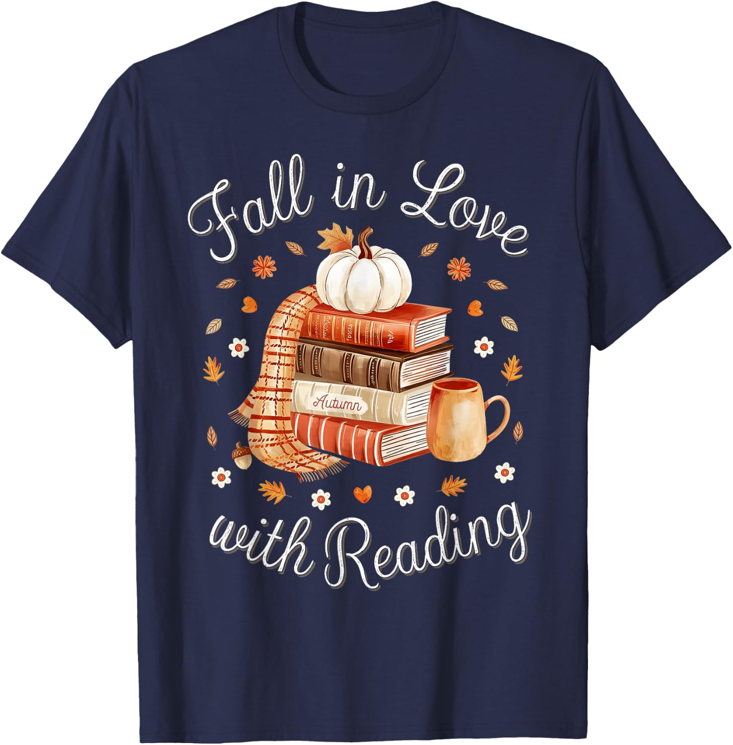 Fall In Love With Reading Book Autumn Pumpkins And Teachers T-Shirt - T-Shirt | Navy
