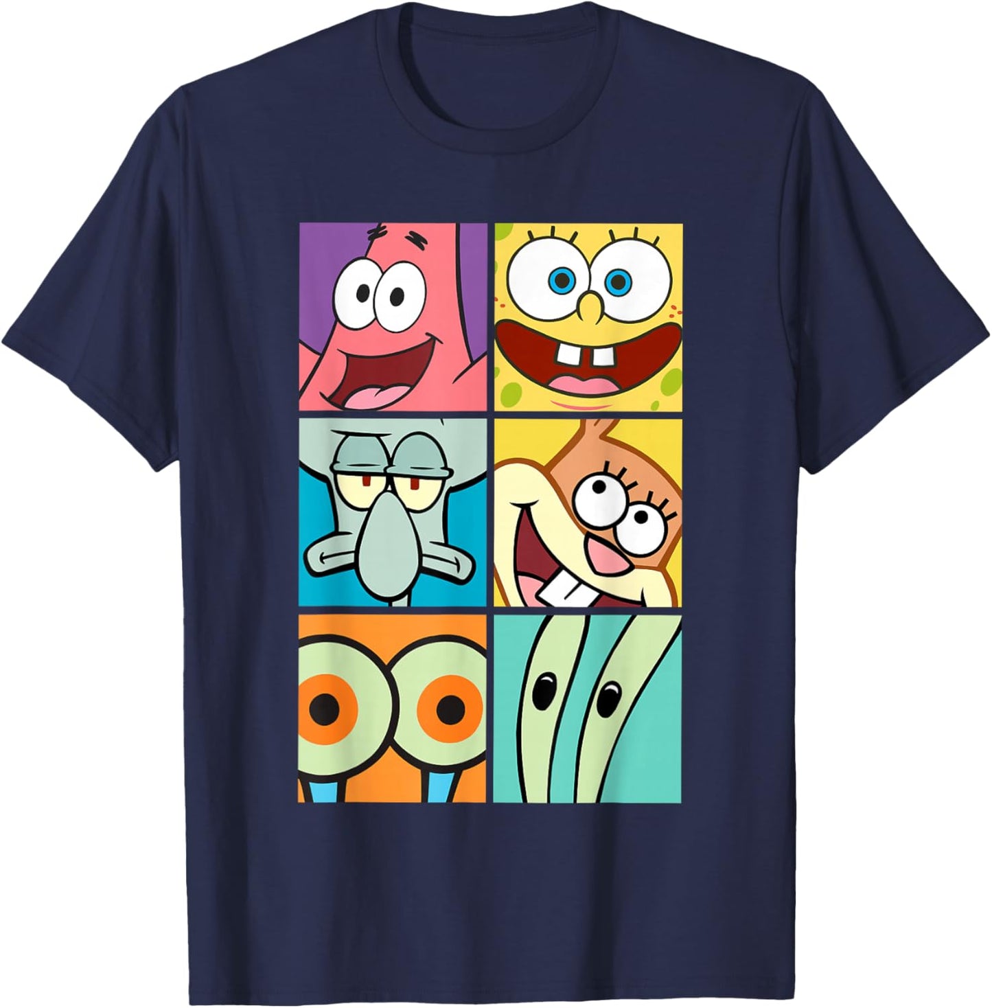 SpongeBob SquarePants Character Faces Closeup Panels T-Shirt - T-Shirt | Navy