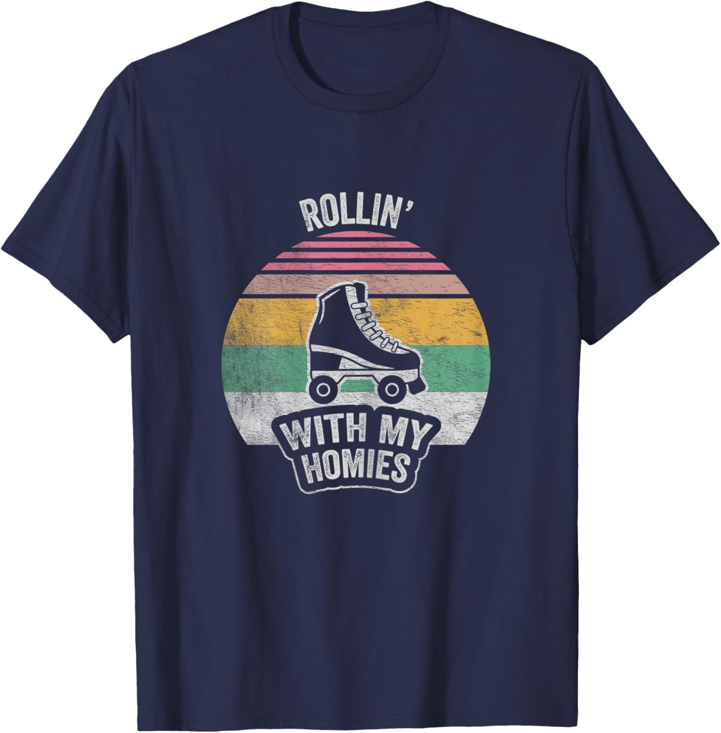 NICE 'N COOL Retro Vintage Rollin With My Homies Roller Skating , Female X-Small T-Shirt - T-Shirt | Navy