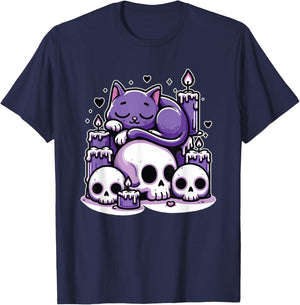 Kawaii Pastel Goth Cute Creepy Cat Candles Skeleton Men Women Girls Kids T-Shirt - T-Shirt | Navy