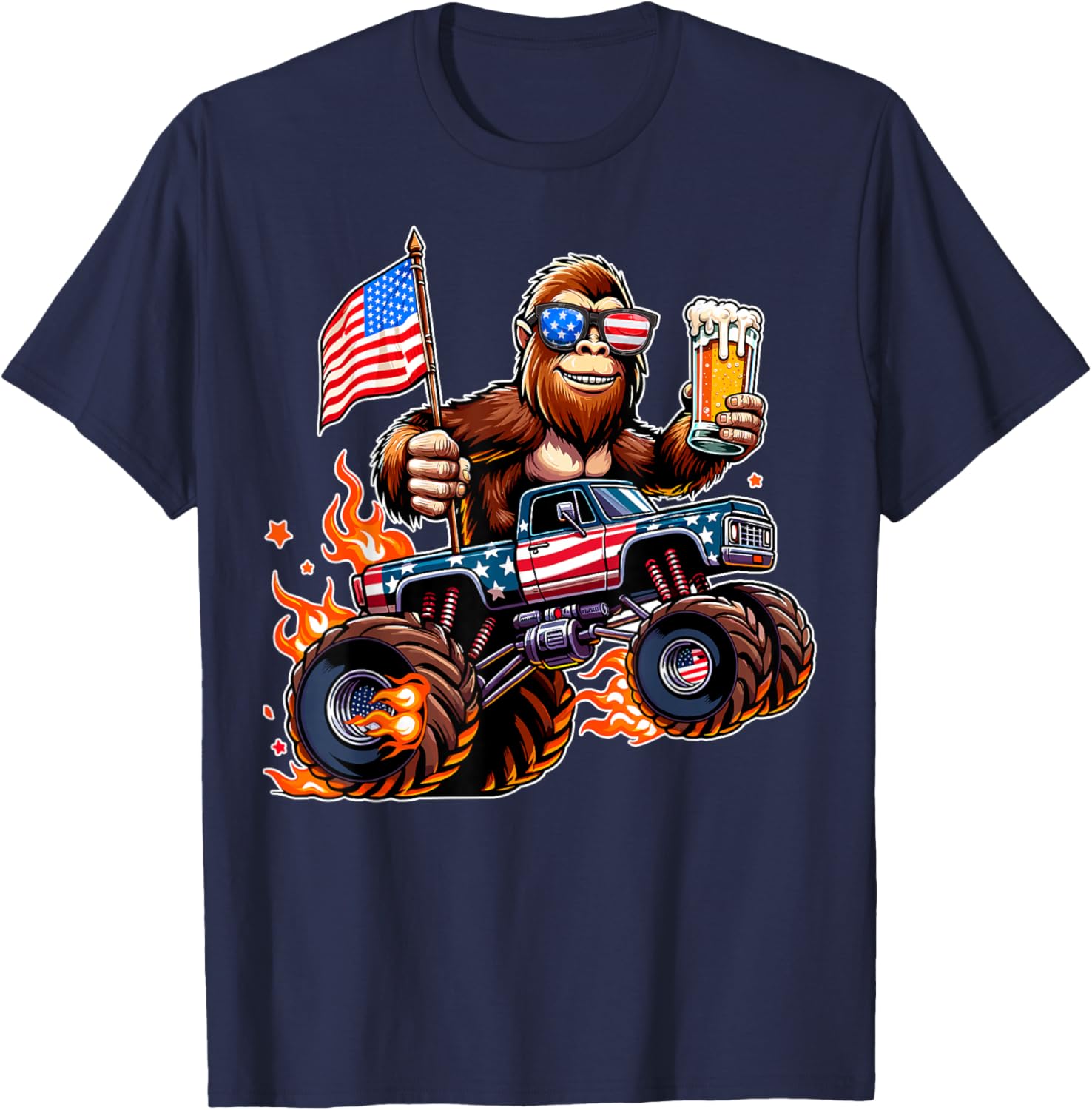 Bigfoot Monster Truck Beer USA Flag 4th of July Sasquatch T-Shirt - T-Shirt | Navy